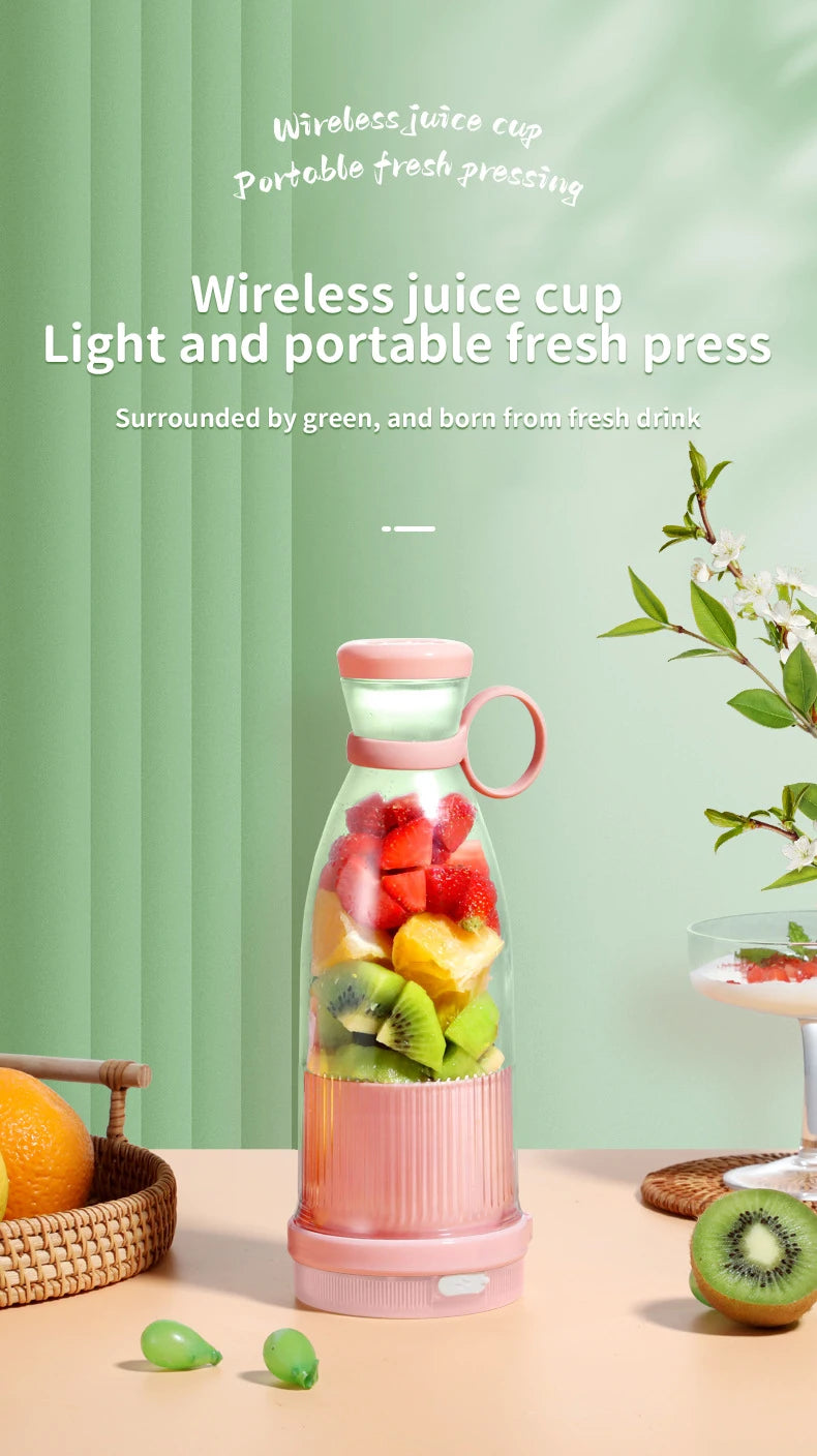 Wireless juice cup with fruits on a light background