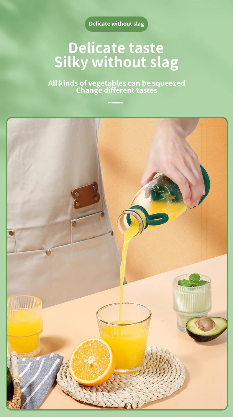 Person pouring juice from a bottle into a glass with a green background and text about vegetable juice.