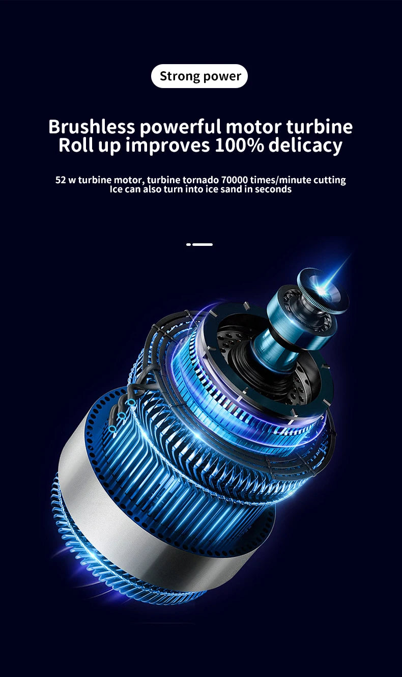 Blue brushless powerful motor turbine with text on a dark background