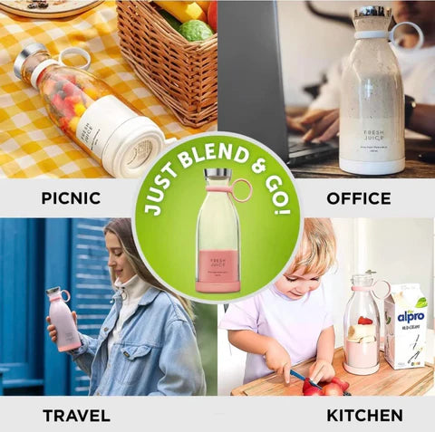 Collage of a bottle with different scenarios including picnic, office, travel, and kitchen.