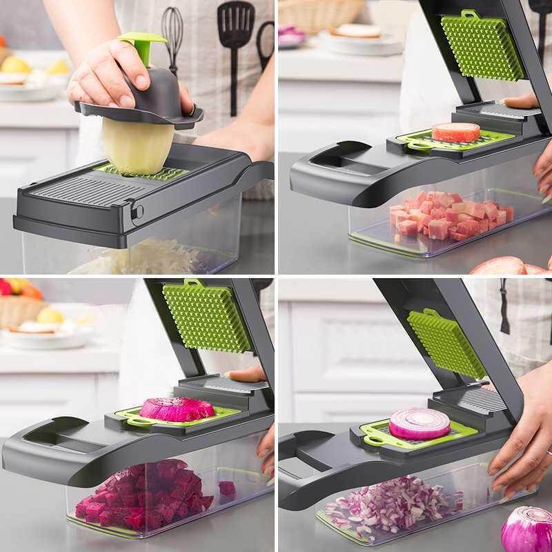 Vegetable chopper on a kitchen counter dicing a purple dragon fruit into a clear container. Below are two insets: one showing a fresh fruit salad with watermelon and mint, and another of diced dragon fruit pieces.