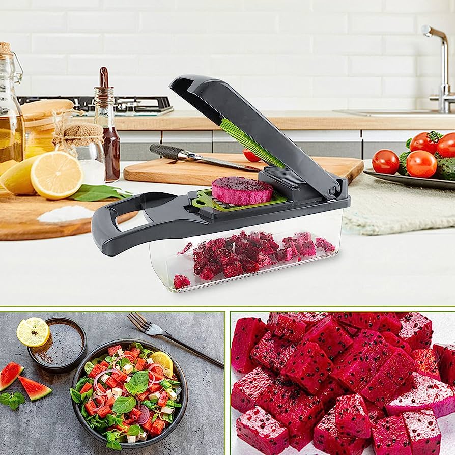 ollage image showing a multi-functional vegetable chopper with various attachments. Main image features a red onion being diced into a clear container. Smaller insets show dicing potatoes, chopping watermelon, cucumber slices, shredded carrots, waffle-cut potato chips, and different blade attachments.