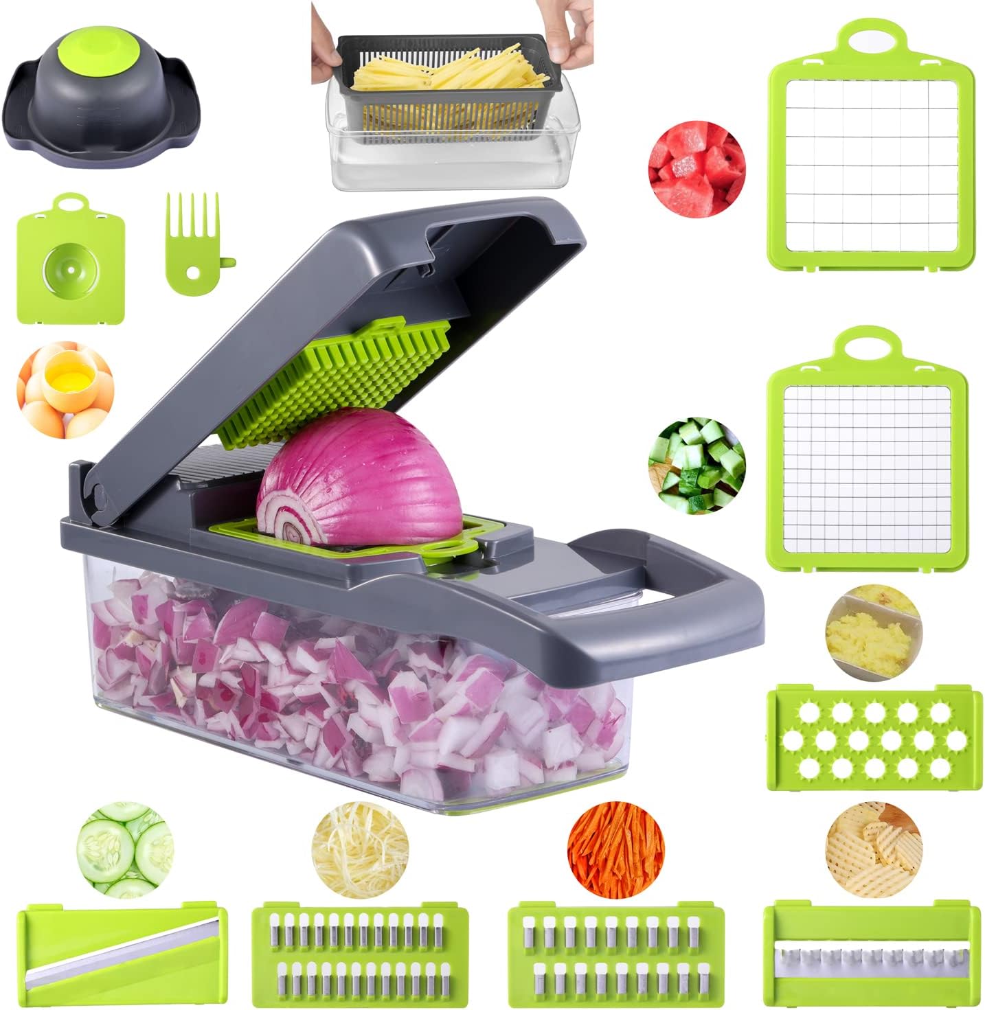 Close-up of a person's hands operating a grey and silver rotary grater, shredding carrots into fine strands. A watch is visible on the person's wrist, and a blurry supermarket aisle is in the background