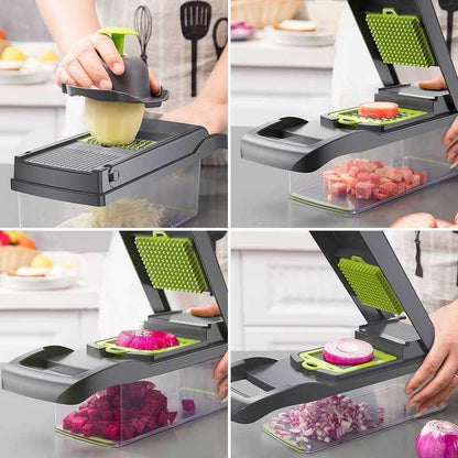 Vegetable chopper on a kitchen counter dicing a purple dragon fruit into a clear container. Below are two insets: one showing a fresh fruit salad with watermelon and mint, and another of diced dragon fruit pieces.